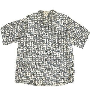Vtg‎ 90s Button Up Mens Size XL 100% Silk Band Collar Batik Print Cabana Friends